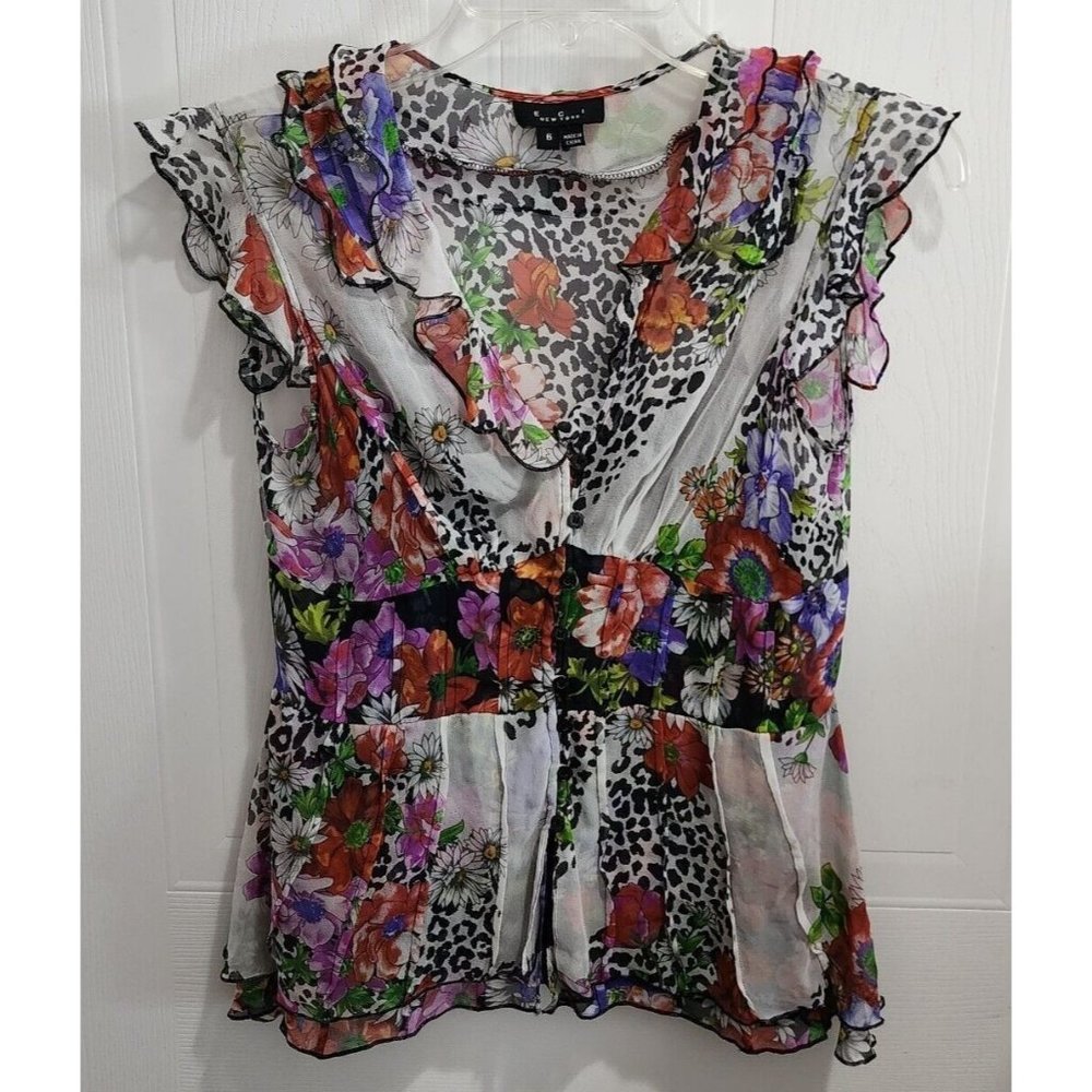 ECI New York Womens 100% Silk Blouse Top Ruffles Button Floral Animal Print Sz 6